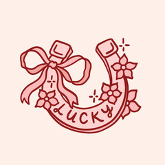 Horseshoe with coquette bow ribbon and flowers. Lucky charm and symbol. Magic protection talisman for good luck and success. Whimsical trendy illustration. Hand drawn red ink vintage clipart