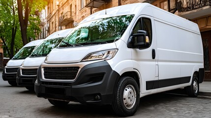 In a modern urban setting, a line of electric vans adorned with green logistics branding awaits loading at a distribution center. This image conveys the efficiency and environmental benefits of