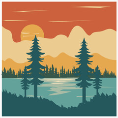 Retro Sunset Over a Mountain Lake. sunset landscape, lake, mountains, river, forest