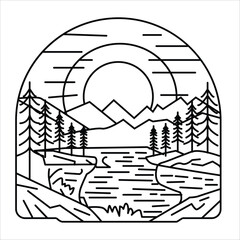 vector design of nature. line art of  lake, mountain, pine tree, and the sun illustration. 