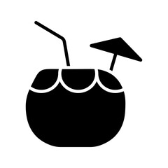 coconut icon, ripe coconut with straw and umbrella, suitable for drinking on the beach, summer, on white background
