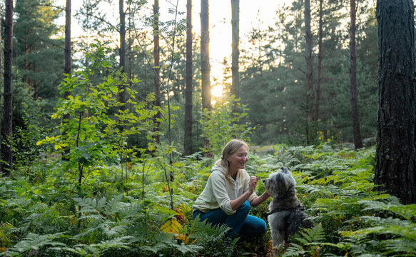 Woman playing with her dog in a lush green forest at sunset
