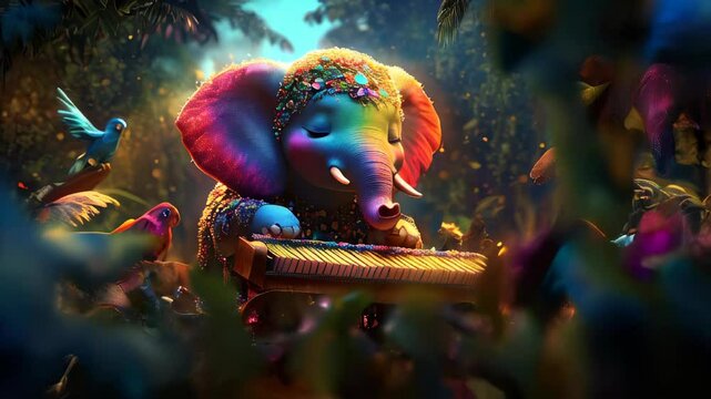 cartoon style: A rainbow elephant plays a magical marimba in a vibrant jungle alive with music, singing parrots, swinging monkeys, and glowing fireflies dancing in the warm night
