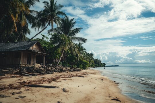 Tranquil beach hut nestled amongst lush tropical vegetation