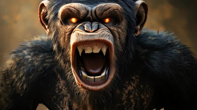 A close-up of an enraged chimpanzee with blazing eyes, bared teeth, and fur standing on end. Wrinkled skin, scars, and flared nostrils enhance its fierce expression against a muted earthy background.