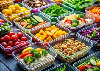 Healthy Meal Prep: Colorful Vegetable & Protein Containers - High Depth of Field Photography