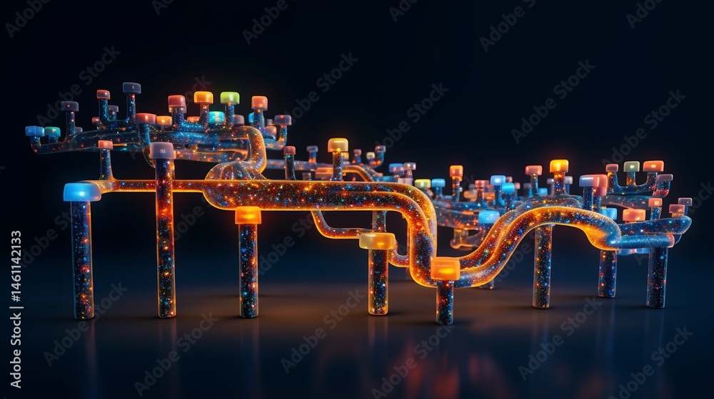 Poster abstract luminous connection network, representing interconnected systems and communication flow