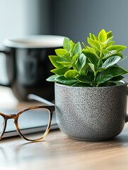 Small plant in gray pot, beside glasses and laptop