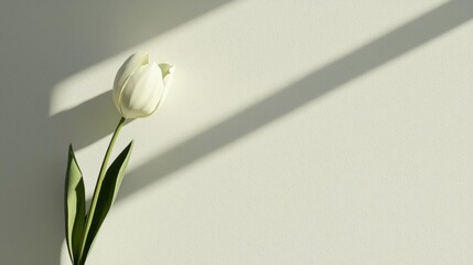 Obraz premium Close-up of a single white tulip with its stem and leaves. the tulip is in full bloom and its petals are slightly curved upwards.