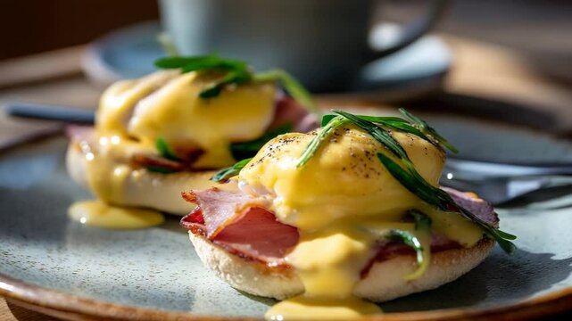 An elegant plate of eggs benedict featuring poached eggs atop savory ham and English muffins, drizzled with hollandaise, offering a refined brunch experience.