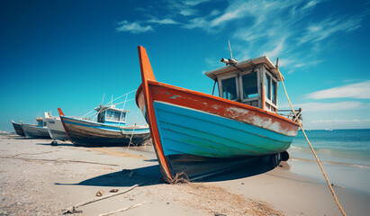 Fishing boat in ocean with blue sky background