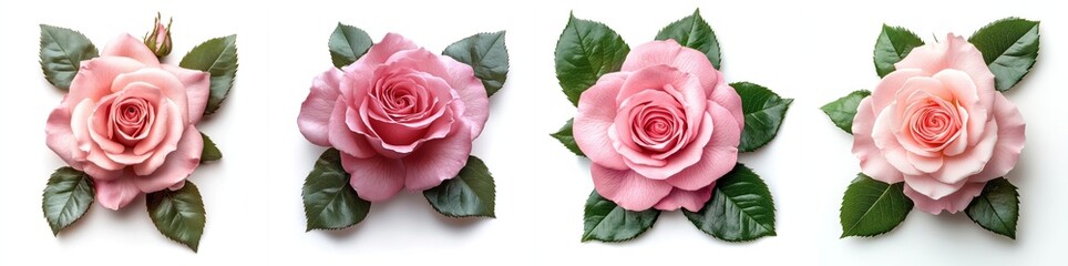 Pink rose with leaves, isolate on white background. Mix Collection.