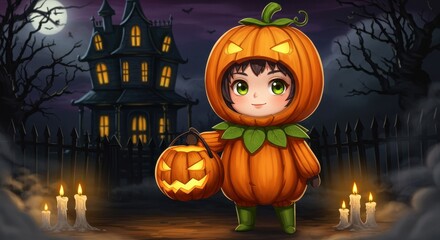 Adorable Pumpkin Child Trick or Treating at a Spooky Halloween House