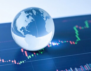 A transparent glass globe rests elegantly atop a vibrant stock chart, symbolizing global finance and market trends, with colorful lines and data points below.