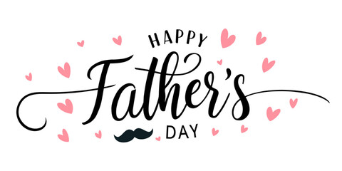 Happy Father's Day typography vector with handwritten calligraphy, mustache and pink hearts – Elegant lettering design isolated on transparent background
