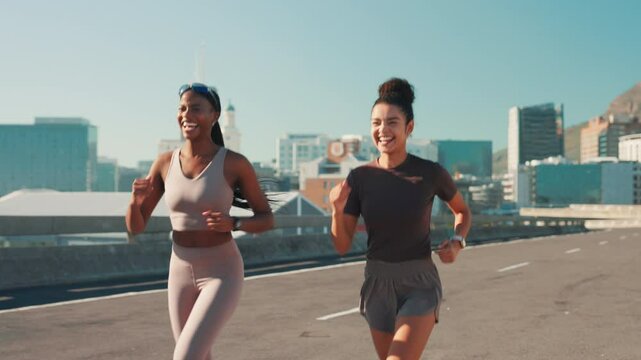 Outdoor, friends and running with fist bump for fitness, motivation and partnership for training in city. Road, people and women with hand gesture for exercise growth, workout challenge and happiness