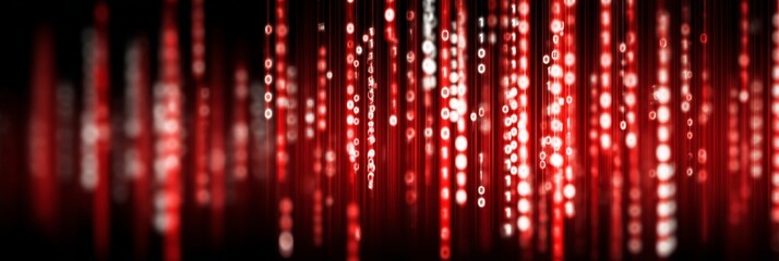 Abstract Red Data Streams Flowing Binary Code and Glowing Particles on Black Background
