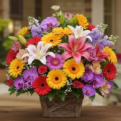 Fototapeta premium Colorful flower arrangement in wooden basket isolated on white background