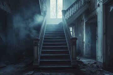 Abandoned mansion staircase shrouded in mist