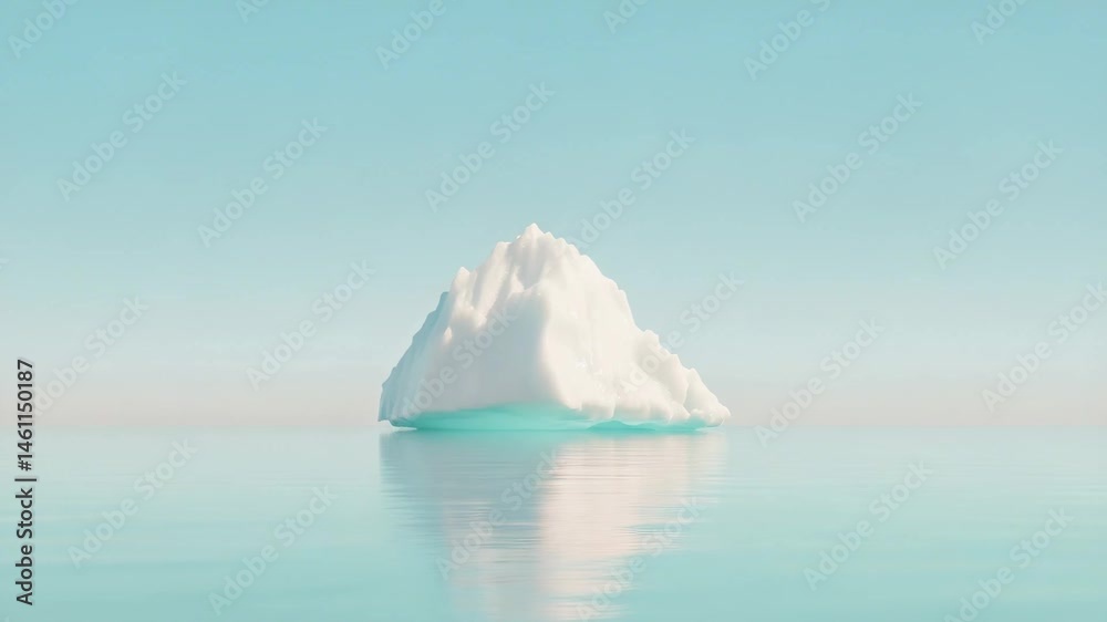 Poster Large iceberg floating in calm ocean waters under a clear blue sky, creating a serene and minimalist polar landscape, highlighting the beauty and fragility of nature in the face of climate change