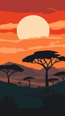 Minimalist African Sunset Landscape with Silhouetted Trees and Mountains in Vector Style