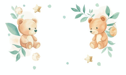 Fototapeta premium Minimalist Baby Shower Invitation Watercolor Teddy Bear Design for Newborn Celebration