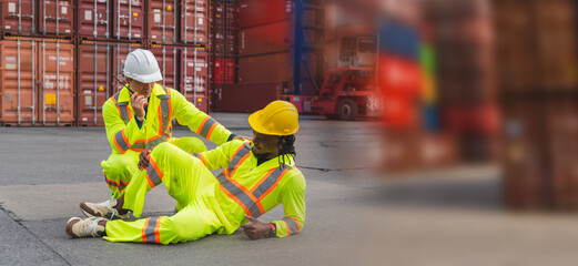 Foreman dock workers taking care about their colleague lying on the floor at shipping yard,...