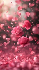 Colorful rose petals fall gently around vibrant pink roses in a dreamy floral setting captured during golden hour