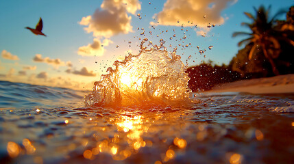 Ocean Wave Sunset with Bird in Flight
