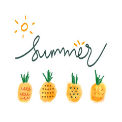 Summer with an illustration of four pineapples and a small sun on top. Each pineapple has a different pattern. Hello summer card design 