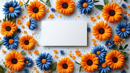 Fototapeta premium Floral frame with blue and orange flowers, blank card