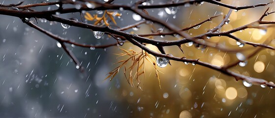 raining morning drizzle concept Delicate branches adorned with raindrops against a blurred, warm backdrop.
