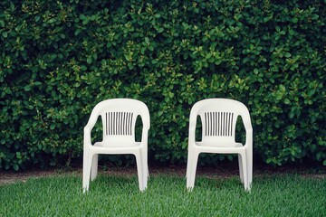 Two white plastic chairs in a grassy area, facing each other, with a dense green hedge in the background