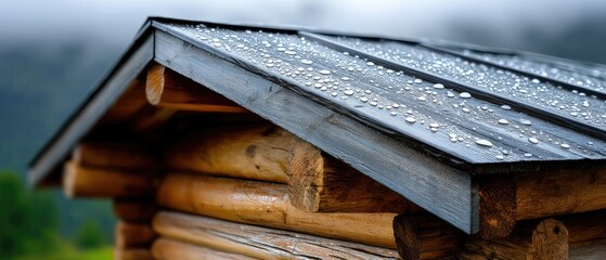 raining morning drizzle concept Wooden roof with water droplets, showcasing craftsmanship and natural beauty.