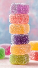 Colorful gummy candies stacked on a pastel surface.