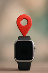 Minimalist smartwatch with red location icon above the screen