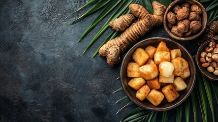 Natural view of Kondje traditional Gabonese dish cassava served alongside rich palm nut arranged neatly dark textured background representing hearty nutritious Gabonese meal cut out isolated