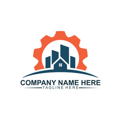 Obraz premium Real Estate Construction Logo Design with Gear and House Icon