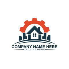 Fototapeta premium Real Estate Construction Logo Design with Gear and House Icon
