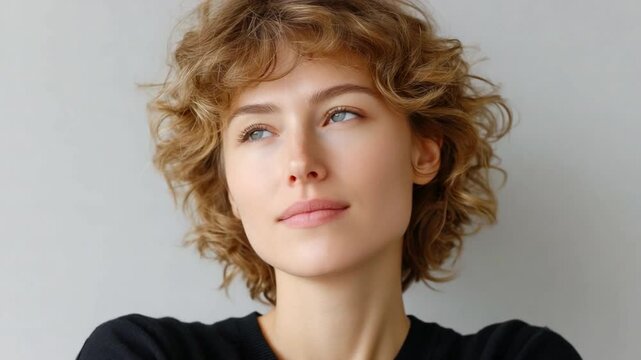 Daydreamer&rsquo;s Gaze: A serene young woman with short, curly hair casts her eyes skyward, lost in thought, embodying a sense of contemplation and optimism.
