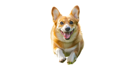 A happy welsh corgi dog is running on a green field on a sunny day