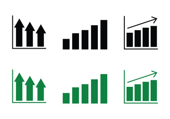 Arrow-topped vertical bars, Small to tall bar progression, Positive arrow bar graph black and white icon set