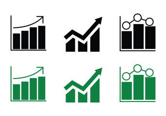 Bar chart with curve, Zigzag growth chart, Grouped bar and bubble chart black and white icon set