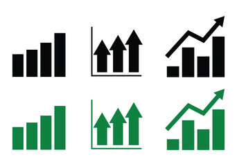 Four-bar growth chart, Vertical arrows bar chart, Upward trend line chart black and white icon set