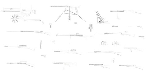 A series of drawings of guns and other weapons. The drawings are all in black and white and are very detailed. Scene is serious and somewhat ominous. Side view