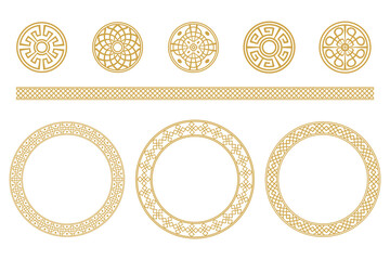 Elegant gold decorative design elements, including circles and borders.