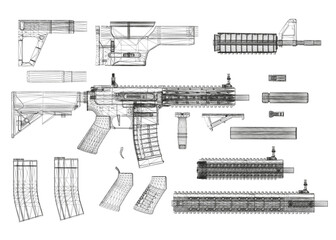A drawing of a gun with a lot of detail. The gun is a rifle with a magazine and a buttstock