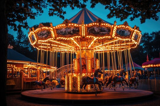 Illuminated carousel at dusk in a park