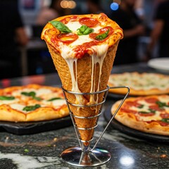 A pizza cone and three different pizzas in a busy restaurant