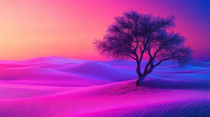 Fototapete Rund Vivid, vibrant desert landscape at sunset with a lone tree. © smbh